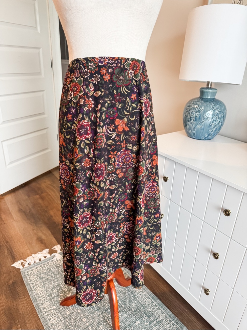 Floral Midi Skirt in Black with Multicolor Print